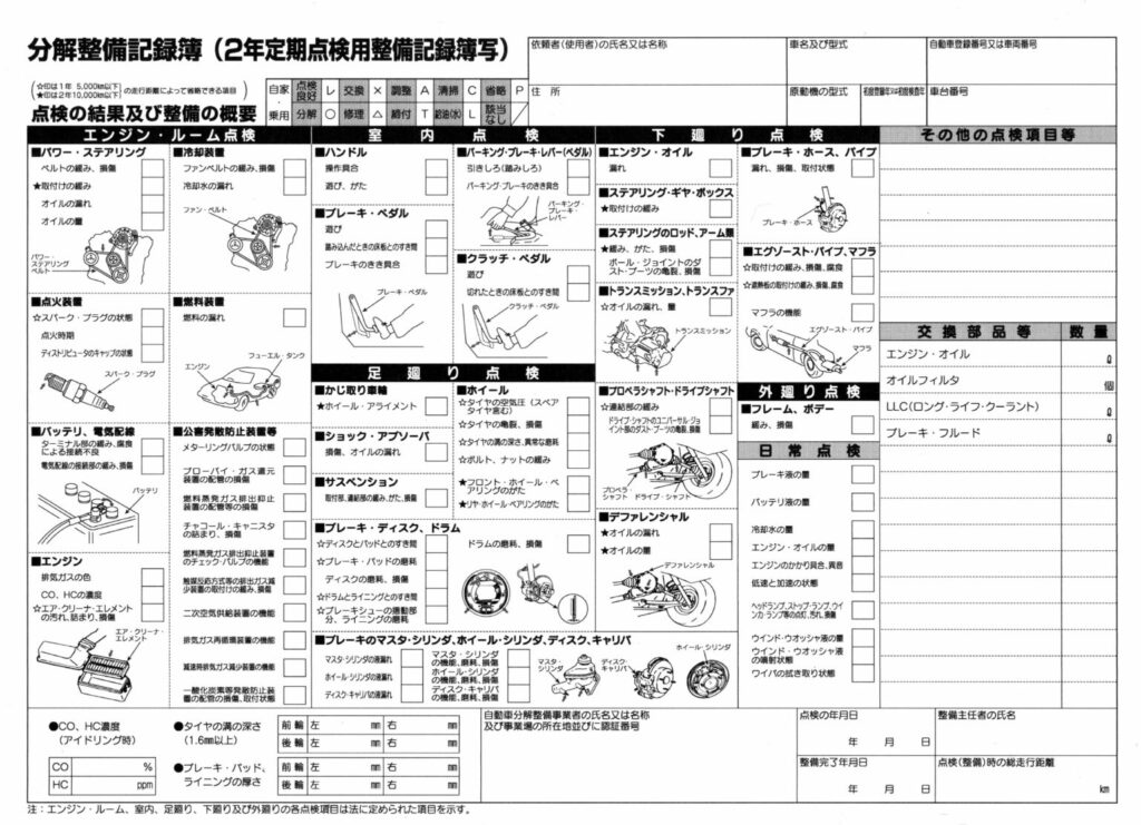 分解整備記録簿。12か月点検や車検を受けた際に整備工場から発行される書類です。車の状態や部品の交換履歴がわかる、人で言えば人間ドックの結果的な存在。車がどのように扱われてきたかがよくわかる書類なので、買取業者にとっては非常に重要な書類ですね。