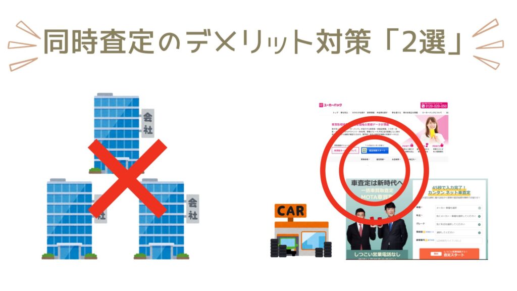 同時査定で発生するデメリットをどうすれば解消できるか？主な方法は二つです。一つは「あまり聞いたことのないマイナーな買取業者も呼ぶ」ということ。もう一つはMOTA車買取やユーカーパックといったオークション系の一括査定サイトを利用するということです。